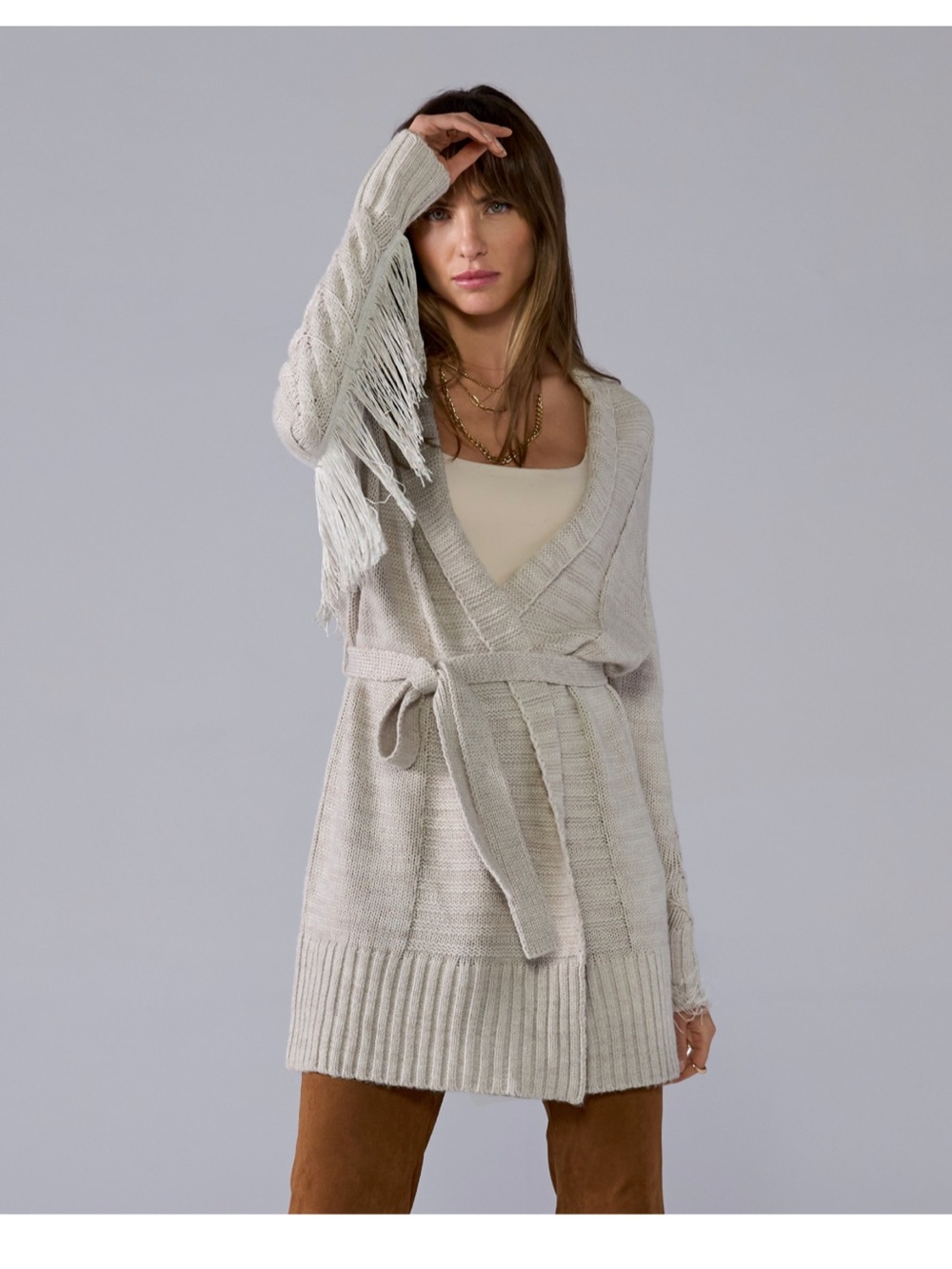 Boston Proper Cream Fringe Tie Waist Cardigan